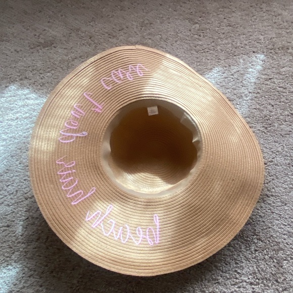 Straw Sun Hat with Pink Band and Text - Picture 5 of 5